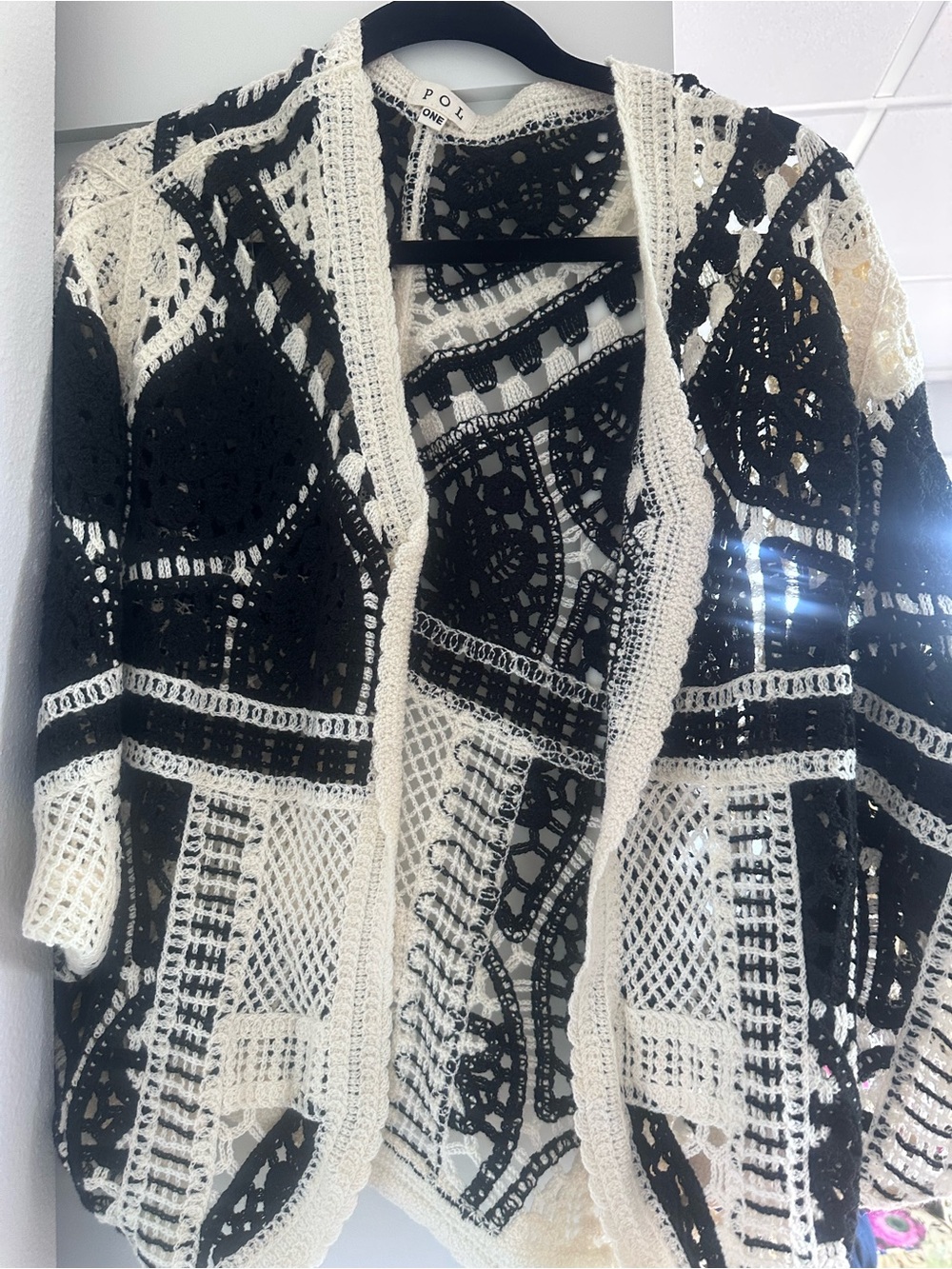 Crochet Open-Front Women’s Sweater Cardigan - Black & Cream